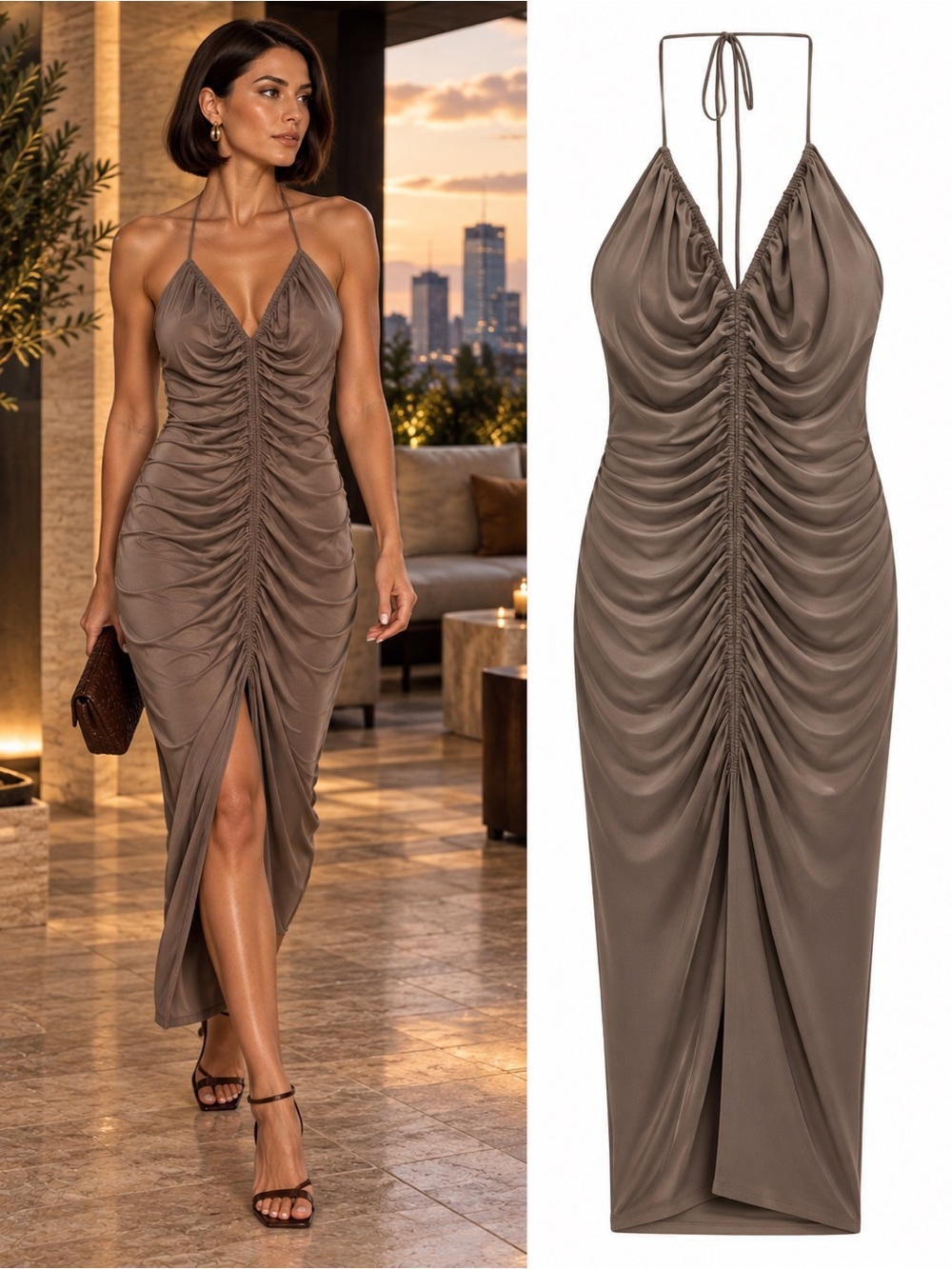 Zara Brown Ruched Halter Open Back Bodycon Midi Maxi Dress Cocktail Size Medium